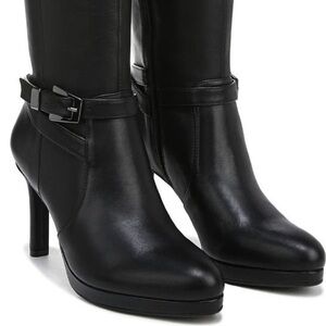 TAELYNN Black Leather Knee-High Platform Heeled Boots Size 9.5